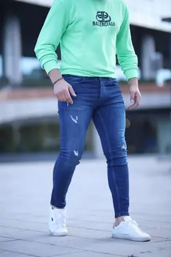 شلوار جین برش اسلیم فیت مردانه طرح‎دار آبی قالب تنگ برند OHEPMODA کد 1643441374