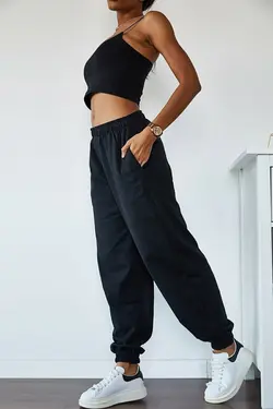 شلوار راحتی برش گشاد نخی دور کمر بلند کشی پاچه زنانه مشکی &amp; برند Biem Butik کد 1643291770