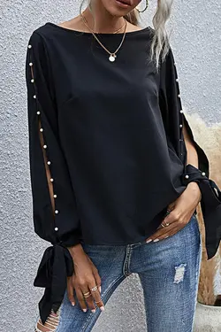 بلوز ابریشم مصنوعی مروارید دوزی شده آستین زنانه مشکی 3 / برند BLACK&amp;GRACE کد 1643215852