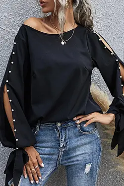 بلوز ابریشم مصنوعی مروارید دوزی شده آستین زنانه مشکی 3 / برند BLACK&amp;GRACE کد 1643215852