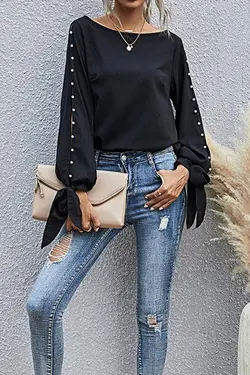 بلوز ابریشم مصنوعی مروارید دوزی شده آستین زنانه مشکی 3 / برند BLACK&amp;GRACE کد 1643215852