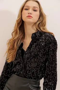 پیراهن بافته شده مخملی پولک دوز پولکی زنانه مشکی برند Trend Alaçatı Stili کد 1643212794