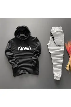 ست لباس راحتی کلاهدار مردانه چاپی ناسا مشکی برند Benisengiydir کد 1641948189