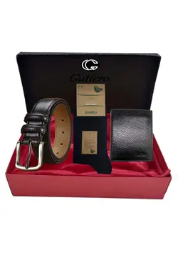 بقچه جوراب کیف پول ست کمربند دار مردانه چرم مشکی برند Gutiero کد 1641572470