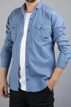 پیراهن جین مردانه اسلیم فیت آبی یخ برند bombe کد 1640957348