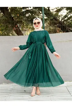 لباس مجلسی پوشیده اکریلیکی سبز زمردی کمربند دار برند CNG MODA کد 1647376148