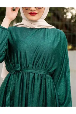 لباس مجلسی پوشیده اکریلیکی سبز زمردی کمربند دار برند CNG MODA کد 1647376148