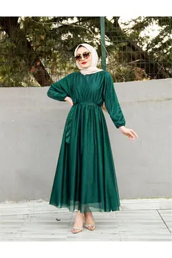 لباس مجلسی پوشیده اکریلیکی سبز زمردی کمربند دار برند CNG MODA کد 1647376148