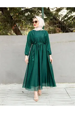 لباس مجلسی پوشیده اکریلیکی سبز زمردی کمربند دار برند CNG MODA کد 1647376148