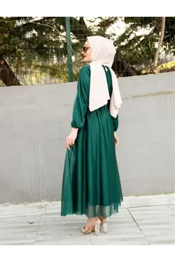 لباس مجلسی پوشیده اکریلیکی سبز زمردی کمربند دار برند CNG MODA کد 1647376148