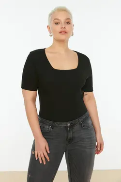 تیشرت بافتنی یقه ساده مربع مشکی برند Trendyol Curve کد 1647311059