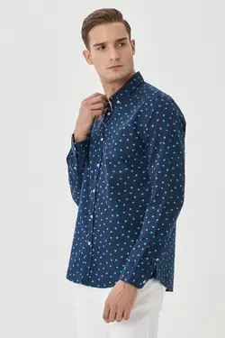 پیراهن دکمه‎دار اسلیم فیت مردانه 100پنبه یقه چاپی سرمه ای برند Altınyıldız Classics کد 1647446134