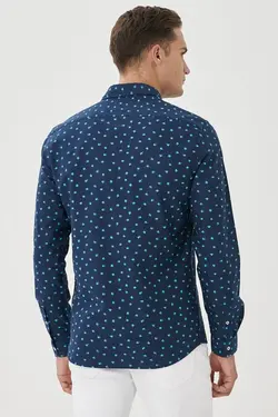 پیراهن دکمه‎دار اسلیم فیت مردانه 100پنبه یقه چاپی سرمه ای برند Altınyıldız Classics کد 1647446134