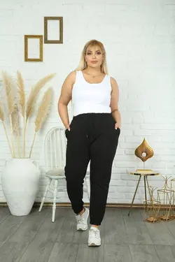 شلوار راحتی نخی سایز بزرگ زنانه رنگ مشکی محصول برند Maxi İdol کد 1647427387