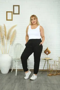 شلوار راحتی نخی سایز بزرگ زنانه رنگ مشکی محصول برند Maxi İdol کد 1647427387