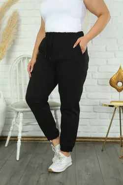 شلوار راحتی نخی سایز بزرگ زنانه رنگ مشکی محصول برند Maxi İdol کد 1647427387