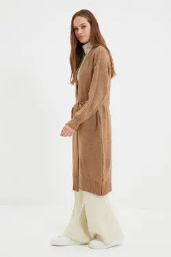بافتنی بلند قهوه ای کمربند دار برند TRENDYOL MODEST کد 1647396727