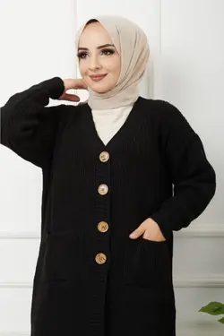 بافتنی جیب دار دکمه‎دار زنانه مشکی برند Pamuk Butik کد 1647396787