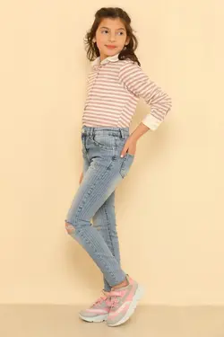 شلوار جین شکافدار برش لیزر نگین دار دخترانه آبی برند Julude کد 1647595027