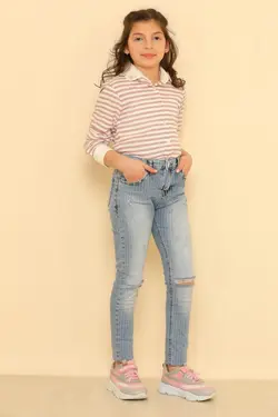 شلوار جین شکافدار برش لیزر نگین دار دخترانه آبی برند Julude کد 1647595027