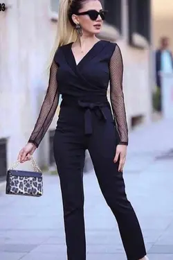 سرهمی مجلسی پارچه کشی آستین بلند یقه هفت طرحدار مشکی کمربند دار برند bayansepeti کد 1647721482