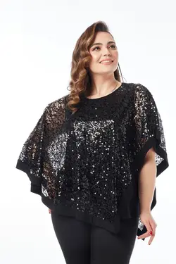 بلوز سایز بزرگ شنل دار پولک دوزی شده توری مشکی برند Moda Alba کد 1647722588