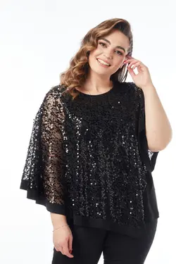 بلوز سایز بزرگ شنل دار پولک دوزی شده توری مشکی برند Moda Alba کد 1647722588