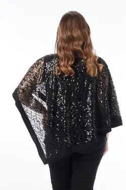 بلوز سایز بزرگ شنل دار پولک دوزی شده توری مشکی برند Moda Alba کد 1647722588