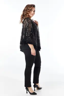 بلوز سایز بزرگ شنل دار پولک دوزی شده توری مشکی برند Moda Alba کد 1647722588