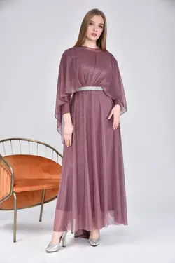 لباس مجلسی کمربند‎دار شنل دار اکریلیکی زنانه رنگ گل رز برند ferace cadde کد 1647721700