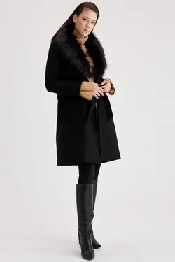 پالتو تک دکمه خز یقه سایز بزرگ زنانه کمربند دار برند MODAM ESİLA کد 1647700867