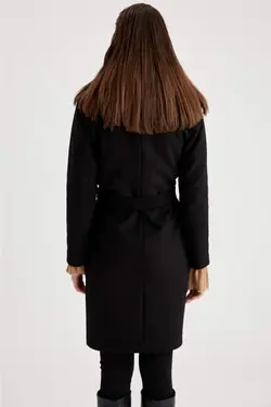 پالتو تک دکمه خز یقه سایز بزرگ زنانه کمربند دار برند MODAM ESİLA کد 1647700867