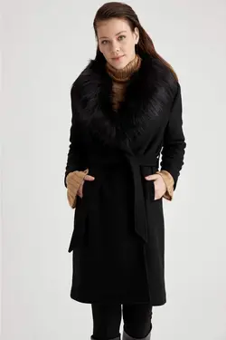 پالتو تک دکمه خز یقه سایز بزرگ زنانه کمربند دار برند MODAM ESİLA کد 1647700867