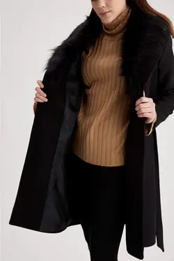 پالتو تک دکمه خز یقه سایز بزرگ زنانه کمربند دار برند MODAM ESİLA کد 1647700867