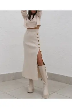 دامن بافتنی دکمه‎دار زنانه بژ برند NAZCA MODA کد 1647697568