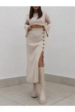 دامن بافتنی دکمه‎دار زنانه بژ برند NAZCA MODA کد 1647697568