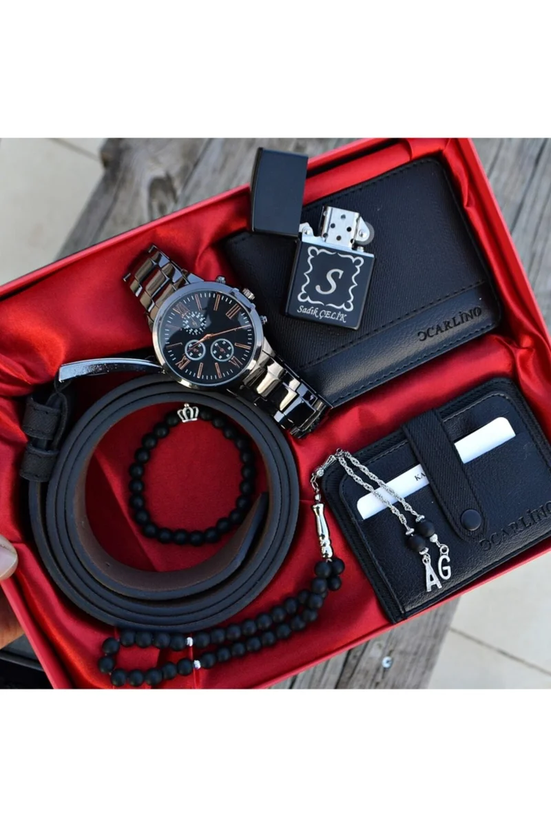 بهترین قیمت خرید دستبند جا کارتی کیف پول ساعت مچی ست کمربند دار مردانه ضد آب برند TrendGarajj کد 1647690727 ذره بین- a complete package of temptation