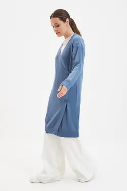 بافتنی بلند دکمه دار آبی برند TRENDYOL MODEST کد 1647654067