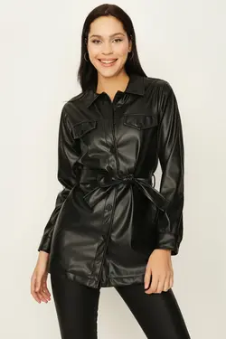 کت پیراهن کمربند سیاه دکمه‎دار چرم مصنوعی از جلو کمربند‎دار زنانه برند Select Moda کد 1647785767