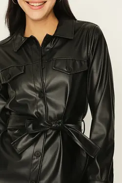 کت پیراهن کمربند سیاه دکمه‎دار چرم مصنوعی از جلو کمربند‎دار زنانه برند Select Moda کد 1647785767