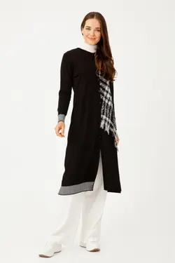 بافتنی نامتفارن طرح‎دار شطرنجی مشکی برند Tığ Triko کد 1647785727