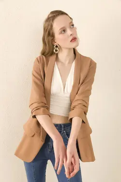 کت کشی جیب‌دار چیندار یقه شال‎دار زنانه قهوه ای برند Kdm Kadın Modası کد 1647784812