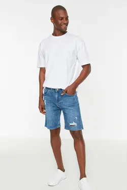 شلوارک اسلیم فیت مردانه جین سرمه ای برند TRENDYOL MAN کد 1647944220