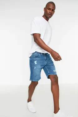 شلوارک اسلیم فیت مردانه جین سرمه ای برند TRENDYOL MAN کد 1647944220