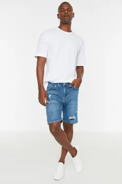 شلوارک اسلیم فیت مردانه جین سرمه ای برند TRENDYOL MAN کد 1647944220