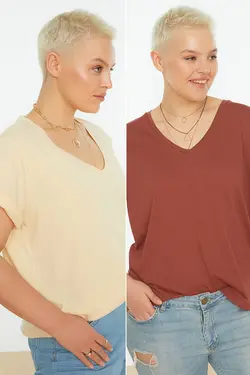 تیشرت بسته بافتنی ساده قهوه ای-بژ برند Trendyol Curve کد 1647918620