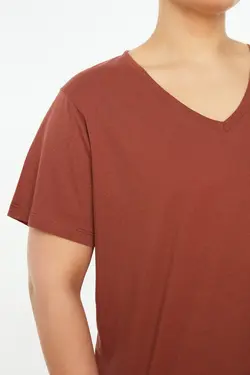 تیشرت بسته بافتنی ساده قهوه ای-بژ برند Trendyol Curve کد 1647918620