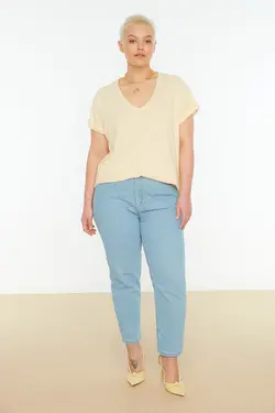 تیشرت بسته بافتنی ساده قهوه ای-بژ برند Trendyol Curve کد 1647918620