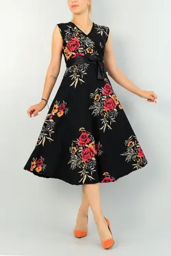 لباس مجلسی قد یقه هفت طرح گلدار با هدیه کمربند پارچه ای برند bayansepeti کد 1648069568