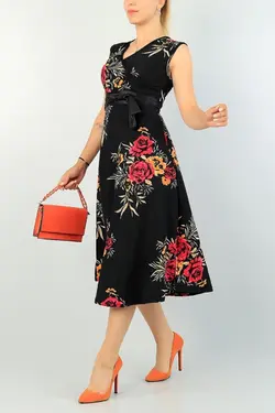 لباس مجلسی قد یقه هفت طرح گلدار با هدیه کمربند پارچه ای برند bayansepeti کد 1648069568